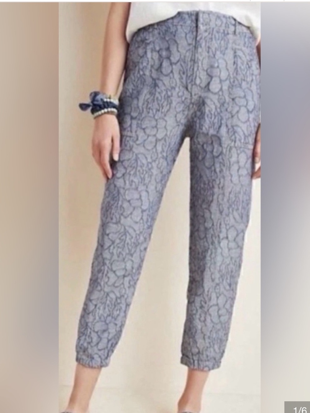Anthropologie Blue Floral Chambray Joggers Size Large Linen Cotton